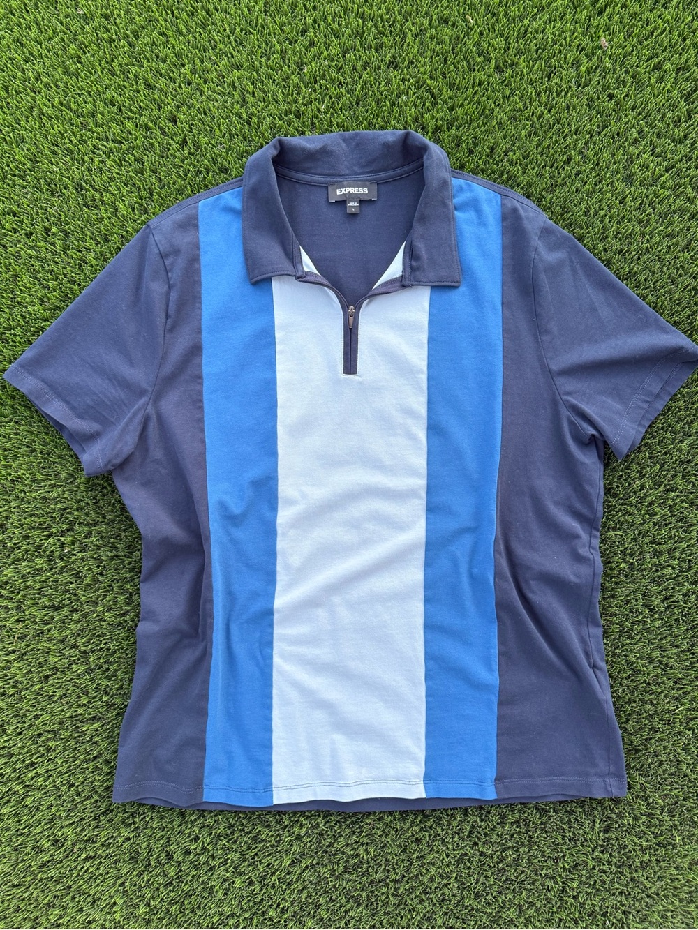 Express Men’s Navy & Blue Retro Stripe Zip Polo Shirt